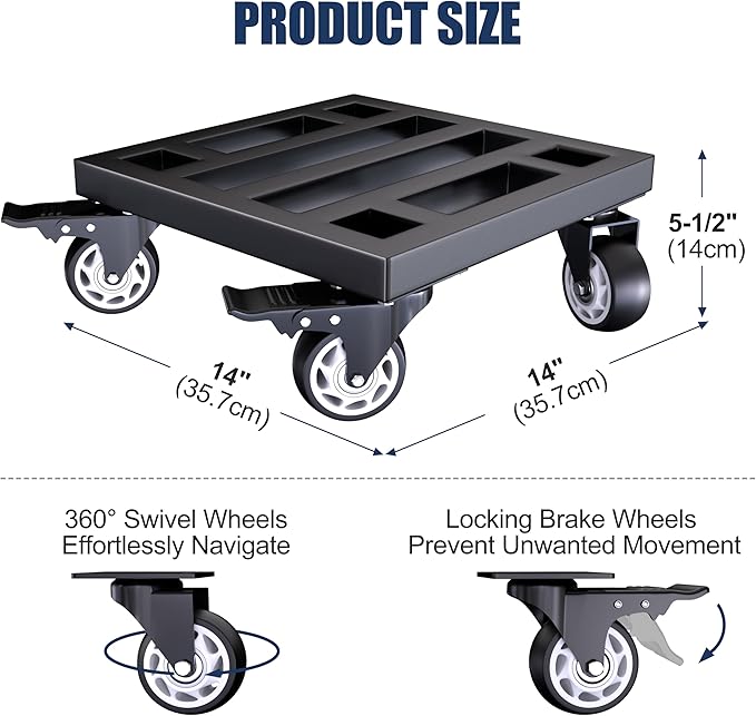 Metal Furniture Utility Dolly, 14" x 14" Heavy Duty Moving Dolly with Locking Wheels, 800lbs Capacity Compact Mobile Base for Home Office, Workshop, Garage, Black