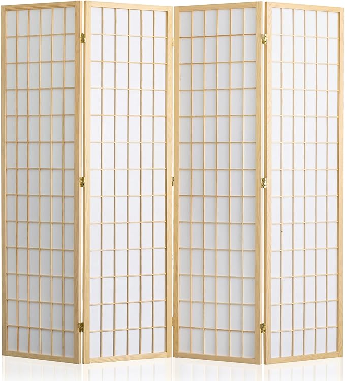 WelFurGeer 4 Panel Room Divider, Folding Privacy Shoji Screens, Room Partitions and Dividers, Decorative Room Dividers, Wall Dividers for Room Separation, Japanese Wood Room Divider for Home (Natural)