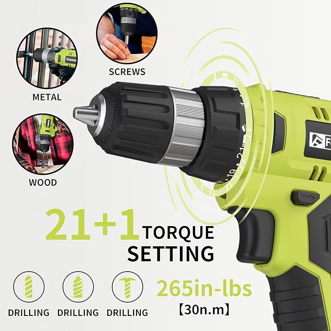 FADAKWALT Cordless Drill Set, 20V Electric Power Drill with Battery And Charger, Torque 30N, 21+1 Torque Setting, 3/8-Inch Keyless Chuck, Drill Driver Bits Kit, with LED