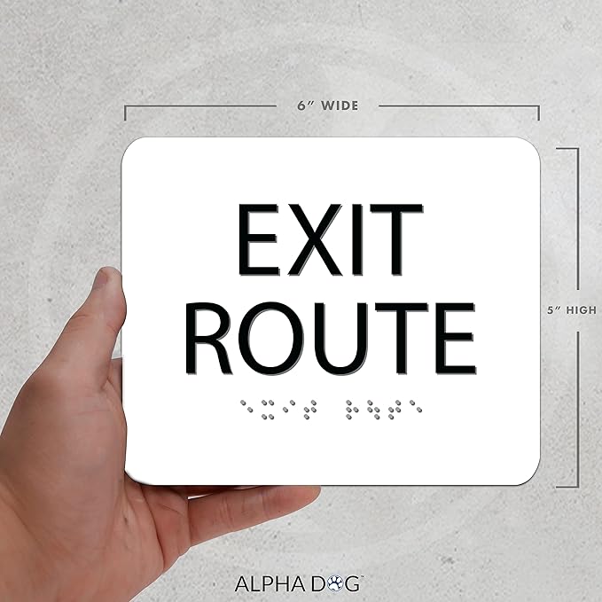 ALPHA DOG ADA SIGNS - Exit Route Sign with Braille for Your Business, 5x6 Inch, ADA Compliant, Indoor or Outdoor, Easy Installation, Made in the USA, White