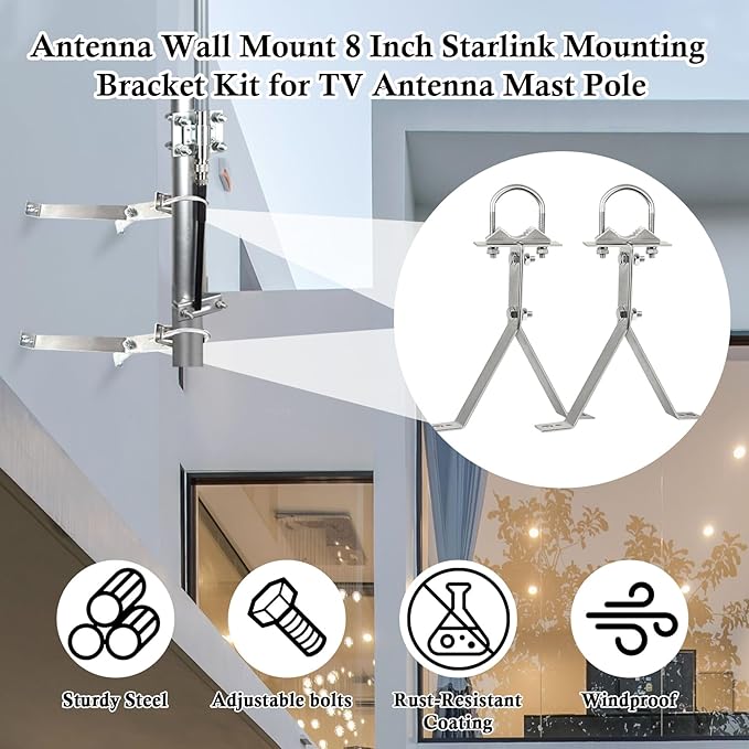 XRDS-RF Antenna Wall Mount 8 Inch Heavy-Duty Stand Off Wall Mast Mount Windproof Antenna Mounting Bracket for TV Antenna Mast ( 2-Leg + 2-Leg)