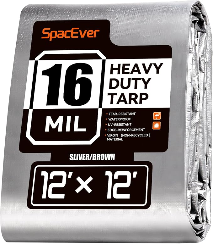 12x12 FT Tarp Waterproof, 16 Mil Tarps Heavy Duty Waterproof Multipurpose Protective Cover UV Resistant Rip & Tear Resistant with Grommets Reversible for Home Boats Cars Camping