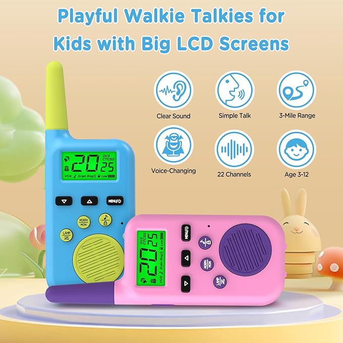 Peakeep Walkie Talkies for Kids Long Range 3 Miles, Voice-Changing Toys Gifts for 3-12 Years Old Boys Girls, 2 Way Radios Big LCD Screen, Flashlight, Camping Hiking Outdoor, Battery Operated, 2 Packs
