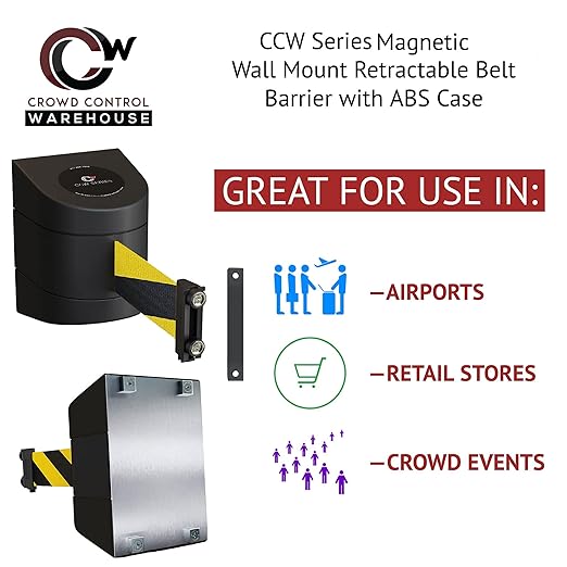 Crowd Control Warehouse - CCW Series WMB-220 Magnetic Wall Mount Retractable Belt Barrier - 15 Foot, Black and Red Diagonal Belt with Black ABS Case