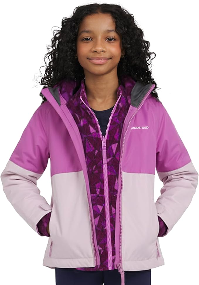 Lands' End Unisex Kids 3-in-1 Water Resistant Windbreaker and Zip-out Polar Fleece Jacket