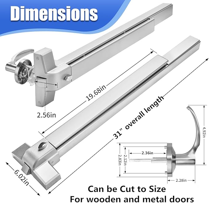 31.5”/80cm Stainless Steel Commercial Door Push Bar Panic Exit Device with Exterior Lever Handle - Fits 30"-37" Wood & Metal Doors