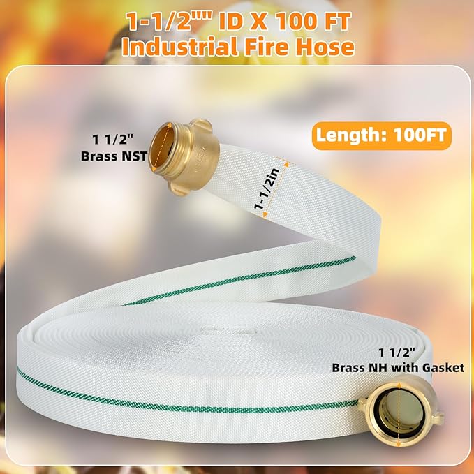 Fire Hose, 1-1/2"" ID X 100 FT Single Jacket TPU and 435 PSI Burst Pressure Industrial 1.5 Inch Fire Hose with NST/NH Brass Couplings, Suitable for Rescuing, Irrigating, Industrial and Urban Cleaning