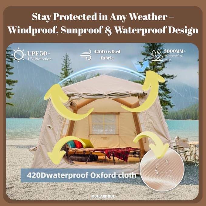 Easy Setup Inflatable Camping Tent, Waterproof 4 Season Air Tent with Hand Pump, Oxford Glamping Tent for 4/6/8 Adults