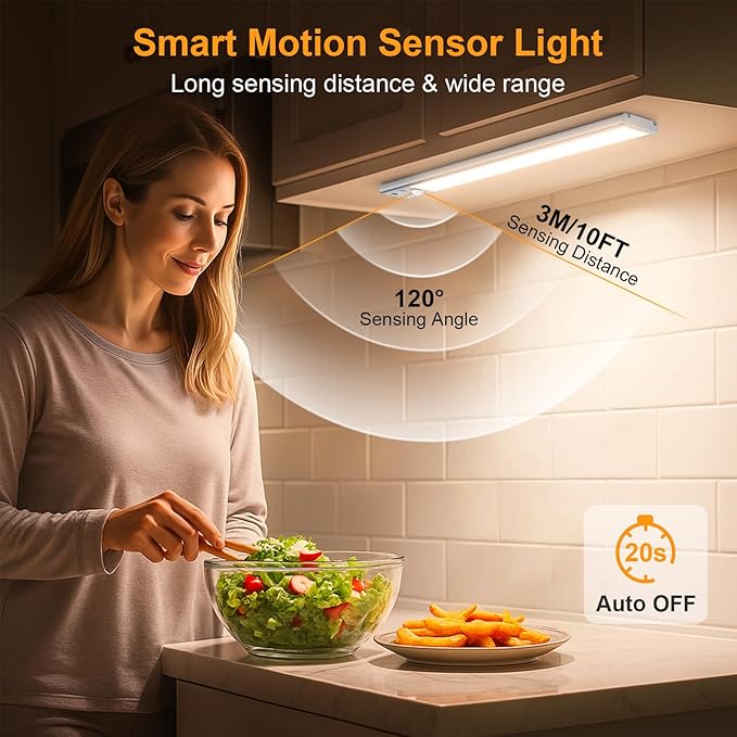 Gritin 10.2inch Under Cabinet Lighting Rechargeable -84 LED Super Bright,3-Color& 5 Level Brightness,4 Modes,Motion Sensor,Long Lasting- Easy Installation Magnetic Under Cabinet Closet Lights -2 Pack