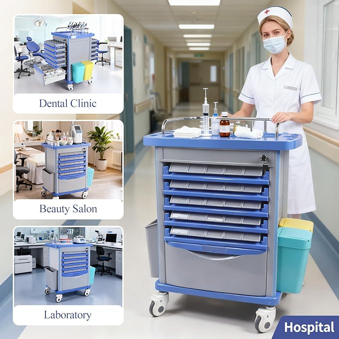 Kalolary Dual-Sided Lab Carts, Open Medication Bins Cart with 50 Medicine Boxes, Silent Casters, Movable Container, 2 Trash Bin-Medical Crash Cart for Lab, Clinic, Hospital, Salon, Blue