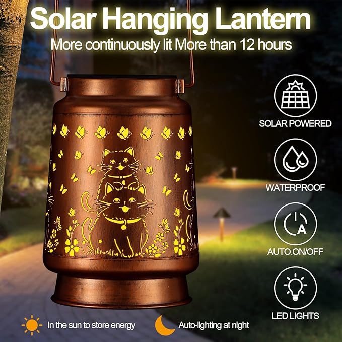 Solar Lantern Outdoor Hanging Waterproof Outside Metal Openwork Hummingbird Pattern Birthday Gifts for Women Mom Landscape Lights for Porch Garden Yard Patio Pathway Decor(Cat)