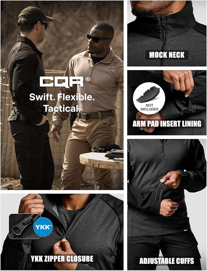 CQR Men's Combat Shirt Tactical 1/4 Zip Long Sleeve Military BDU Shirts Camo EDC Top with Pockets