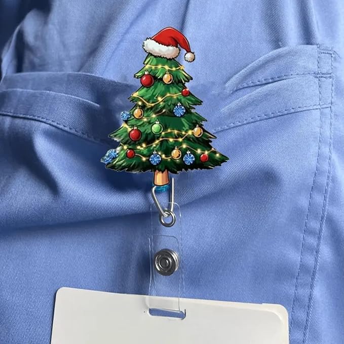 Christmas Tree Badge Holder Christmas Badge Reel Xmas Tree Badge Reels with Light String Hat Design Retractable ID Name Badge Alligator Clip for Nurse Student Teacher Office Decoration Party Favors