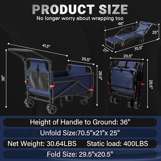 LEVELEVE 400lb Capacity 2-in-1 Folding Wagon - All-Terrain Wheels w/Brakes + Side Pockets | Heavy Duty Utility Cart for Camping, Shopping, Sports