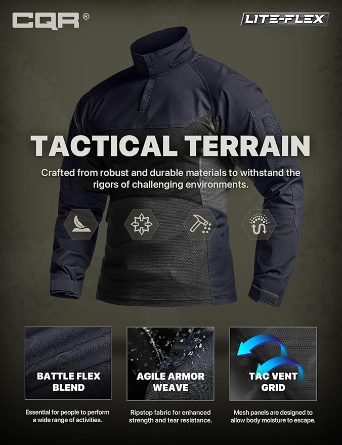 CQR Men's Combat Shirt Tactical 1/4 Zip Long Sleeve Military BDU Shirts Camo EDC Top with Pockets