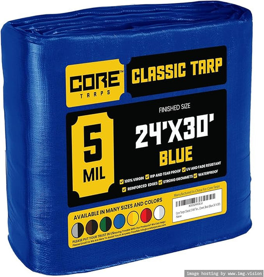 Core Tarps Classic 5 Mil Tarp Cover, Waterproof, UV Resistant, Rip and Tear Proof, Poly Tarpaulin with Reinforced Edges for Roof, Camping, Patio, Pool Cover, Boat (Blue 24′ X 30′)
