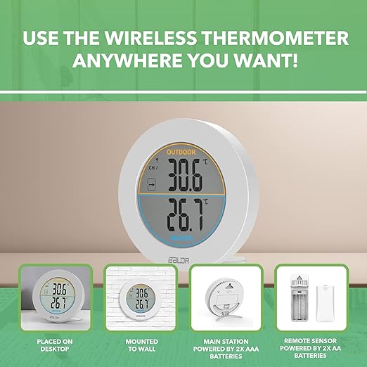 BALDR Wireless Indoor Outdoor Thermometer - 2.5” LCD Display Digital Thermometer for Home - Surface or Wall Thermometers Indoor & Outdoor Weather Station with Wireless Remote Transmitter (White)