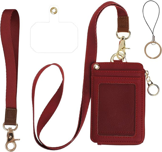 2-in-1 ID Badge Holder & Lanyard Wallet - Multi-Use Womens Small Wallet with Removable Wristlet & Neck Lanyard, Clear Window, 5 Card Slots, Phone Holder, Ring Keychain - Bordeaux Red