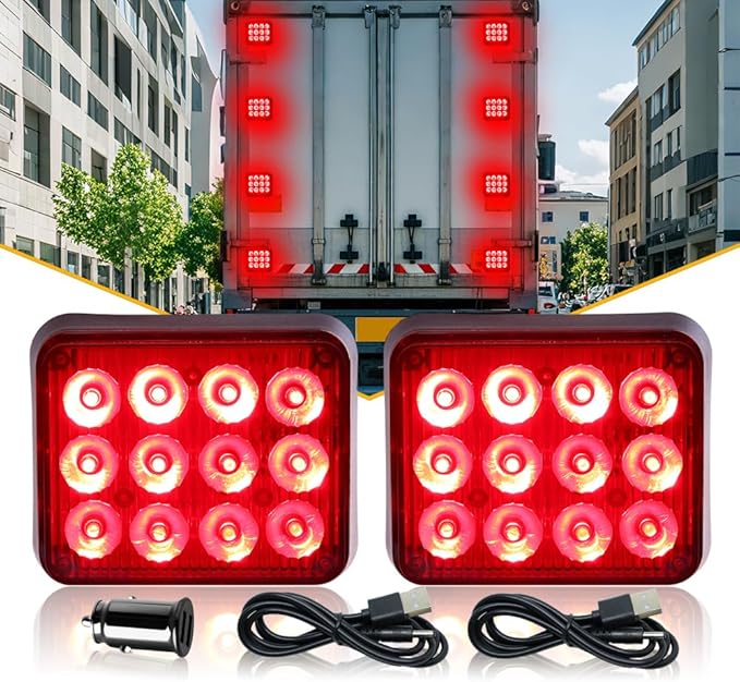 2PCS Magnetic Trailer Lights, Red Beacon Wireless Magnetic Strobe Lights Rechargeable Emergency Warning Lights Portable Surface Mount Strobe Lights for 12V 24V Trucks Car Trailer Vehicles Van