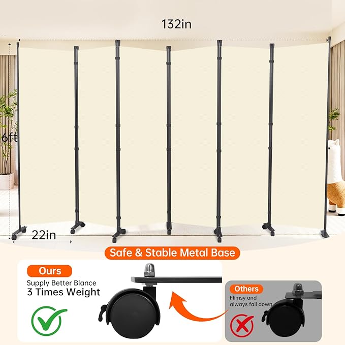 Room Divider 132''W Wall Divider for Room Partition (Heavy Duty Base) 6 Panel Partition Room Dividers, Freestanding Room Divider Screen Separation W/Wheel Folding Privacy Screen Panel Space Separator