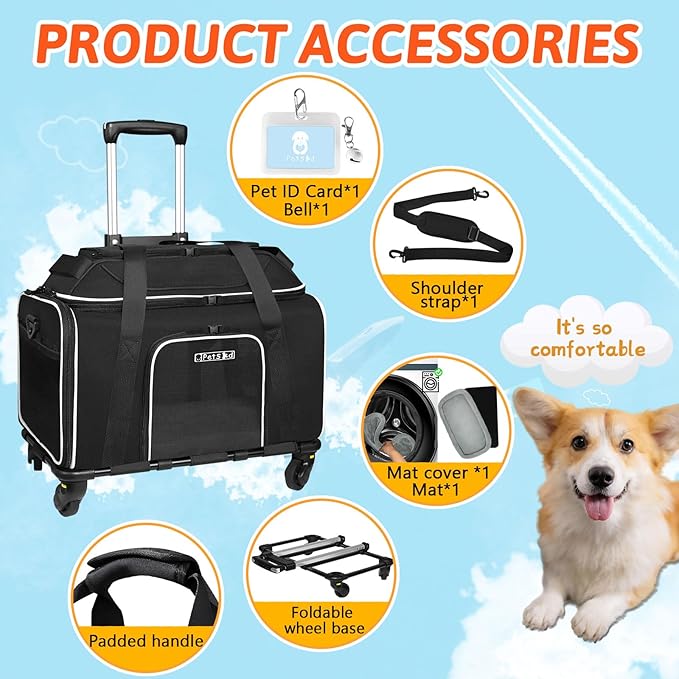 Petskd Top-Expandable Pet Carrier with Wheels 18x11x11 Inches Delta American United Airline Approved, Soft-Sided Carrier for Small Cats Dogs with Locking Safety Zippers and Anti-Scratch Mesh(Black)