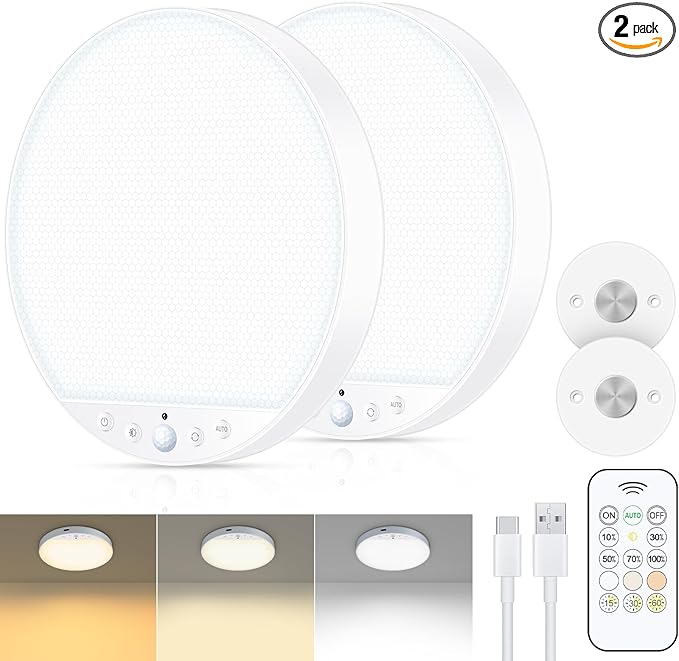 Rechargeable 8W Motion Sensor Ceiling Light Indoor, No Wiring & Magnetic Stick-On, Remote Control for Color & Brightness, Battery Operated Light for Shower, Closet, Bathroom, Pantry, Hallway, 2-Pack