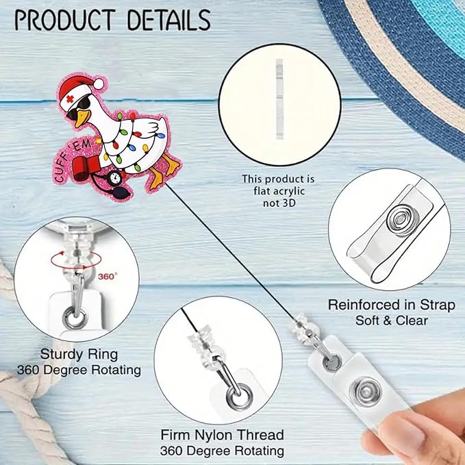 Christmas Funny Goose Badge Reel Nurse Nursing Badge Clip Cuff’ Em Colored Lights Xmas Retractable Clip Christmas Badge Holder for RN CNA LPN Medical Worker |with 24” Durable Nylon