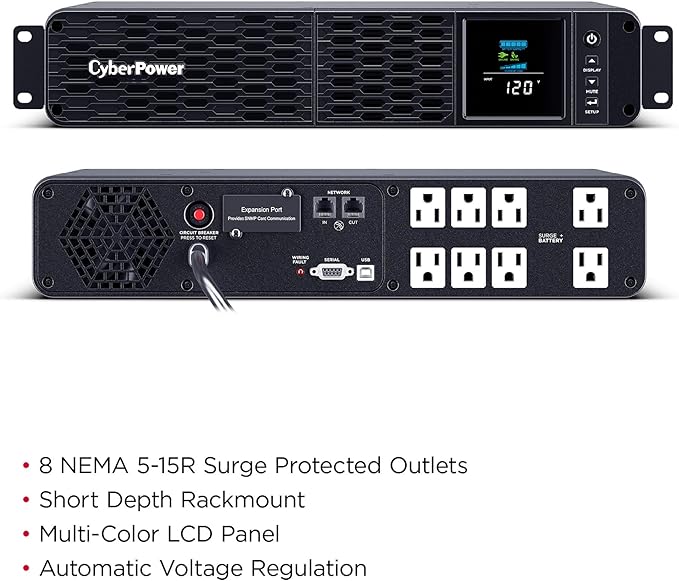 CyberPower CP1500PFCRM2U PFC Sinewave UPS Battery Backup and Surge Protector, 1500VA/1000W, 8 Outlets, AVR, Short Depth 2U Rackmount; UL Certified