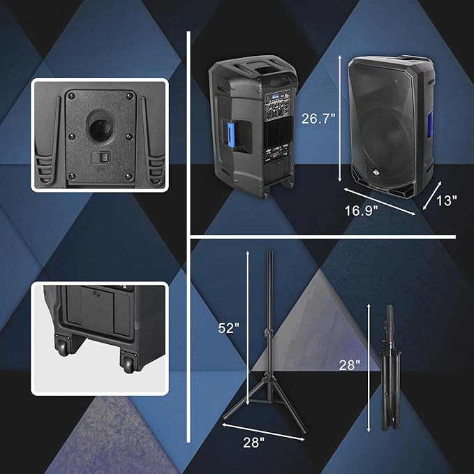 LOTAWAY Portable PA System with Stands 1200W Powered PA Speaker System Set 15" Active+Passive Wireless PA Speakers Pair with Bluetooth for Small Events, DJs, Karaoke (PM-15)
