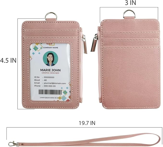 bolimoss Pink Lanyards for Id Badges, Vertical Pu Leather ID Badge Card Holder Wallet with 1 Clear ID Window, 4 Credit Card Slots, 1 Cash Coin Slot,Detachable Wristlet & Neck Lanyard, Ring Key Chain