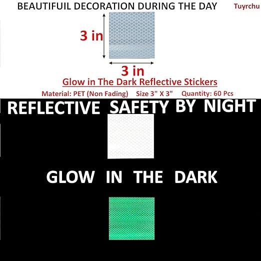Glow in The Dark Reflective Stickers 3 inch X 3 inch for Truckskes, Warning Strong Safety Adhesive Reflective Strips (60 Pcs)