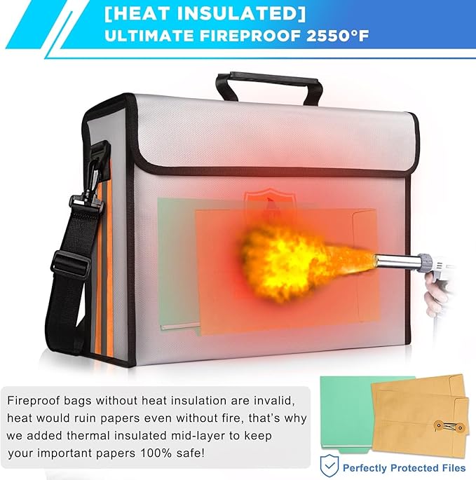Fireproof Document Bag with TSA Lock - 17x12x5.5" Extra Large Fireproof Box for Documents, Reinforced Bottom File Organizer for 3-Ring Binders, Waterproof Emergency Grab-and-Go Home Safe