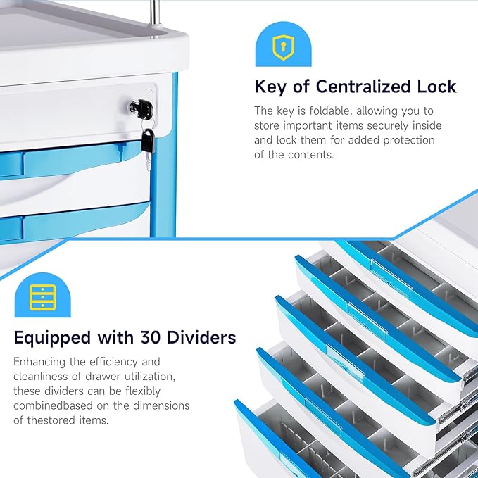 Medical Carts with Wheels, 5-Tier Storage, Adjustable IV Pole, Silent Casters, Trash Bins, O2 Holder, Needle Disposal Holder & CPR Board, Rolling Medical Cart for Hospital Salon Lab Clinic