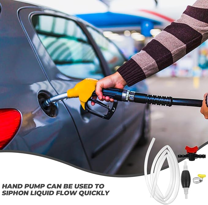 Manual Fuel Transfer Siphon Pump with Transparent PVC Hose and Clips High Flow Hand Pump for Gasoline Oil Water Transfer Portable Car Accessories for Emergency Liquid Siphoning