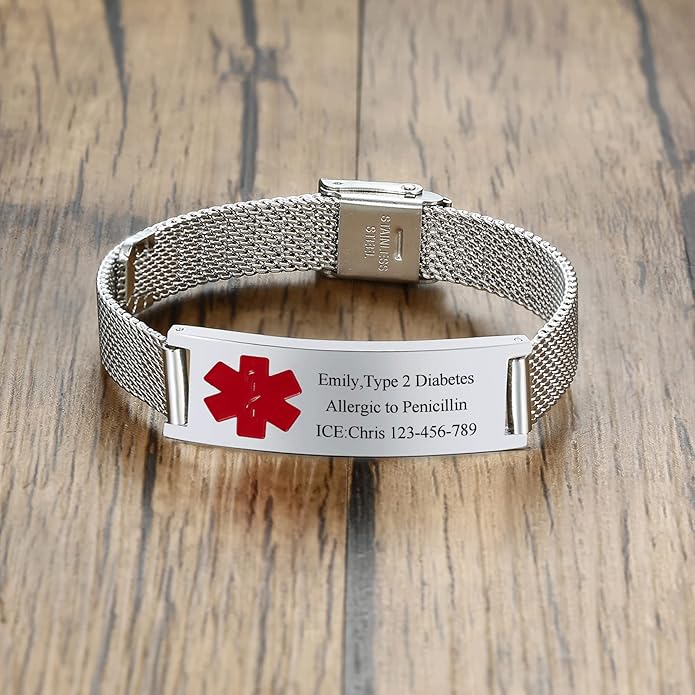 VNOX Medical Alert Bracelets for Men & Women Kids with Free Engraving Adjustable Stainless Steel Mesh Emergency Medical ID Bracelets Wristband