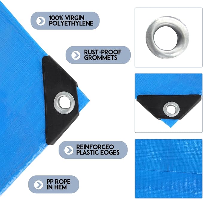 Tarp Heay Duty Waterproof 12x14ft,Blue Tarp Cover Plastic Poly Tarpaulin for Outdoor Cover,Emergency Rain,Roof, Pool, Boat,Camping - Multipurpose with 12Mil Thickness