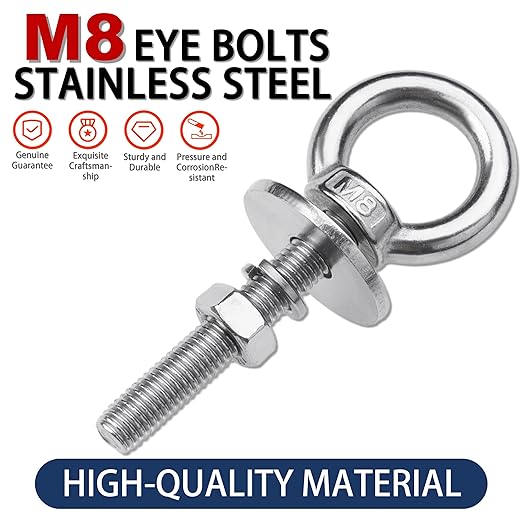 4 Pack M8 Stainless Steel Eye Bolts with Nuts, 5/16" x 2" Long Lifting Ring Eye Bolt， Eye Bolts Heavy Duty for Hang Tie Down Outdoor (4, M8x51mm (5/16"x2"))