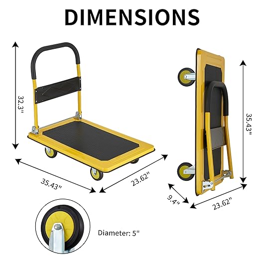 Foldable Push Cart Dolly, Heavy Duty Flat Bed Cart with Wheels & Non-Slip Mat, 360° Mute Wheels for Easy Maneuver, 660lbs, Easy to Assemble – Ideal for Household Tasks, Grocery Delivery, Yellow