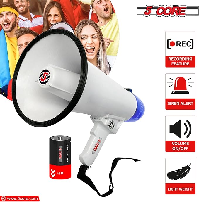 5 CORE Megaphone Speaker Portable 20W Bullhorn w Siren Adjustable Volume Bull Horn 300 Meter Range Battery Operated Handheld Mega Phone for Coaches Safety Drill - Parent MEGA 20R