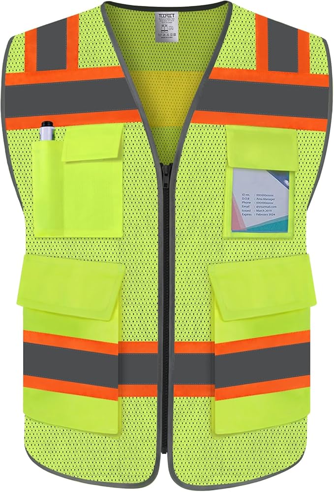 TCCFCCT High Visibility Vest 5 Pockets Mesh Reflective Safety Vest for Men Women, Hi Vis Work Vest with Reinforced Zipper and Fluorescent Orange Edge, Durable to Use, Meets ANSI/ISEA, DW-Yellow, M