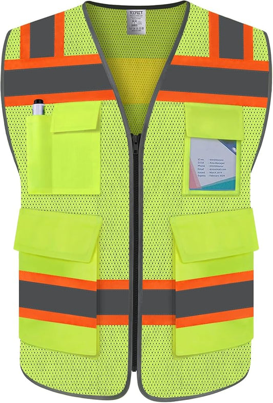 TCCFCCT High Visibility Vest 5 Pockets Mesh Reflective Safety Vest for Men Women, Hi Vis Work Vest with Reinforced Zipper and Fluorescent Orange Edge, Durable to Use, Meets ANSI/ISEA, DW-Yellow, M