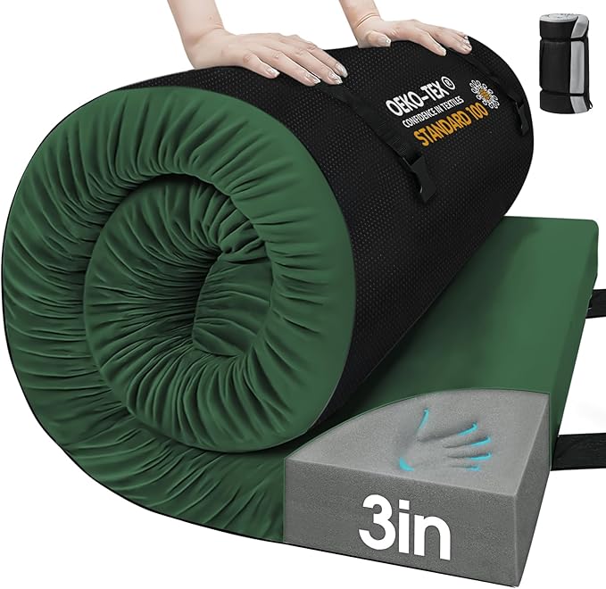 CYMULA Memory Foam Camping Mattress Pad,3inch Sleeping Pad for Camping,Non-Slip Bottom Floor Cot Car Mattress Bed with Retaining Portable Roll up Mattress Pad Mat for Travel Truck Guest Bed Tent