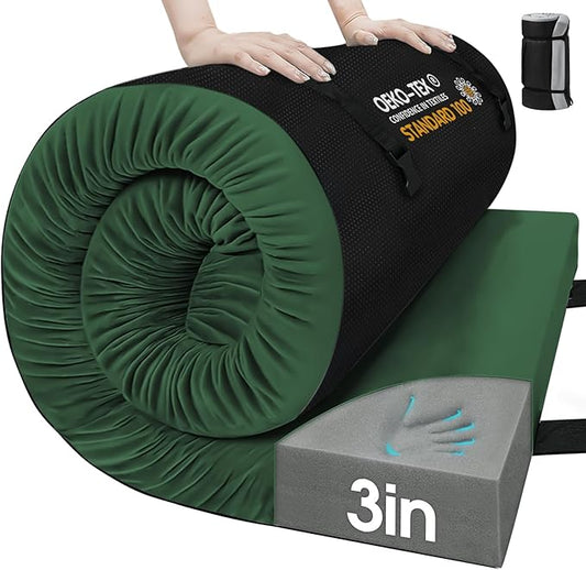 CYMULA Memory Foam Camping Mattress Pad,3inch Sleeping Pad for Camping,Non-Slip Bottom Floor Cot Car Mattress Bed with Retaining Portable Roll up Mattress Pad Mat for Travel Truck Guest Bed Tent