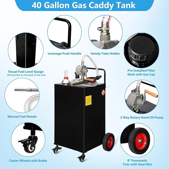 40 Gallon Fuel Caddy with Manual Pump, Heavy Duty Portable Gas & Diesel Transfer Tank on 4 Wheels, Spill-Proof Container for Truck, Tractor, Boat, ATV, Farm,Orange