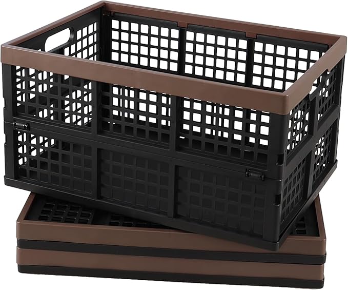 42 L Large Folding Utility Crates Plastic, 3 Packs Stackable Storage Bins, Collapsible Milk Crate