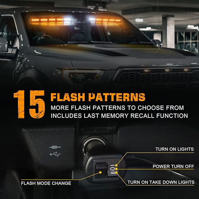 XRIDONSEN 34 inch Emergency Visor Lights Bar 40 LED Amber Strobe Lights Interior Front Windshield Warning Flashing Hazard Safety Light w/White Take Down for Snow plow Tow Trucks Construction Vehicles