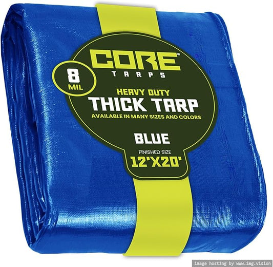 Core Tarps Heavy Duty 8 Mil Tarp Cover, Waterproof, UV Resistant, Rip and Tear Proof, Poly Tarpaulin with Reinforced Edges for Roof, Camping, Patio, Pool, Boat. (Blue 12′ X 20′)