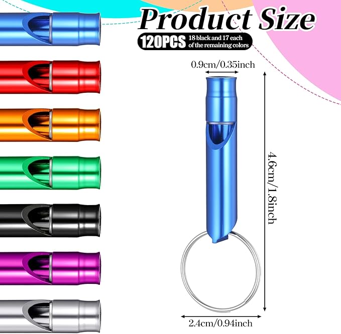 120 Pcs Bulk Emergency Whistles Aluminum Survival Whistle with Keychain 7 Colors Extra Loud Safety Whistle for Camping Hiking Hunting Fishing Boating Outdoor Sports