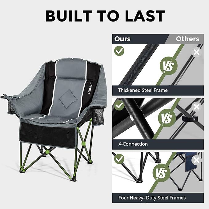 Oversized Folding Camping Chair for Adults Heavy Duty Padded Outdoor Chairs Big and Tall XL Picnic Chair with Cup Holders 400lb Capacity, Comfy for Lawn Sports and Outside Use