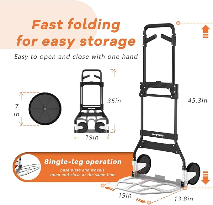 Leeyoung Folding Hand Truck Dolly Cart with Wheels,Heavy Duty 375lb Dolly for Moving，Aluminum Wheel Bracket and Steel Tube Frame, Foldable Hand Truck with Adjustable Handle for Moving Indoor/Outdoor